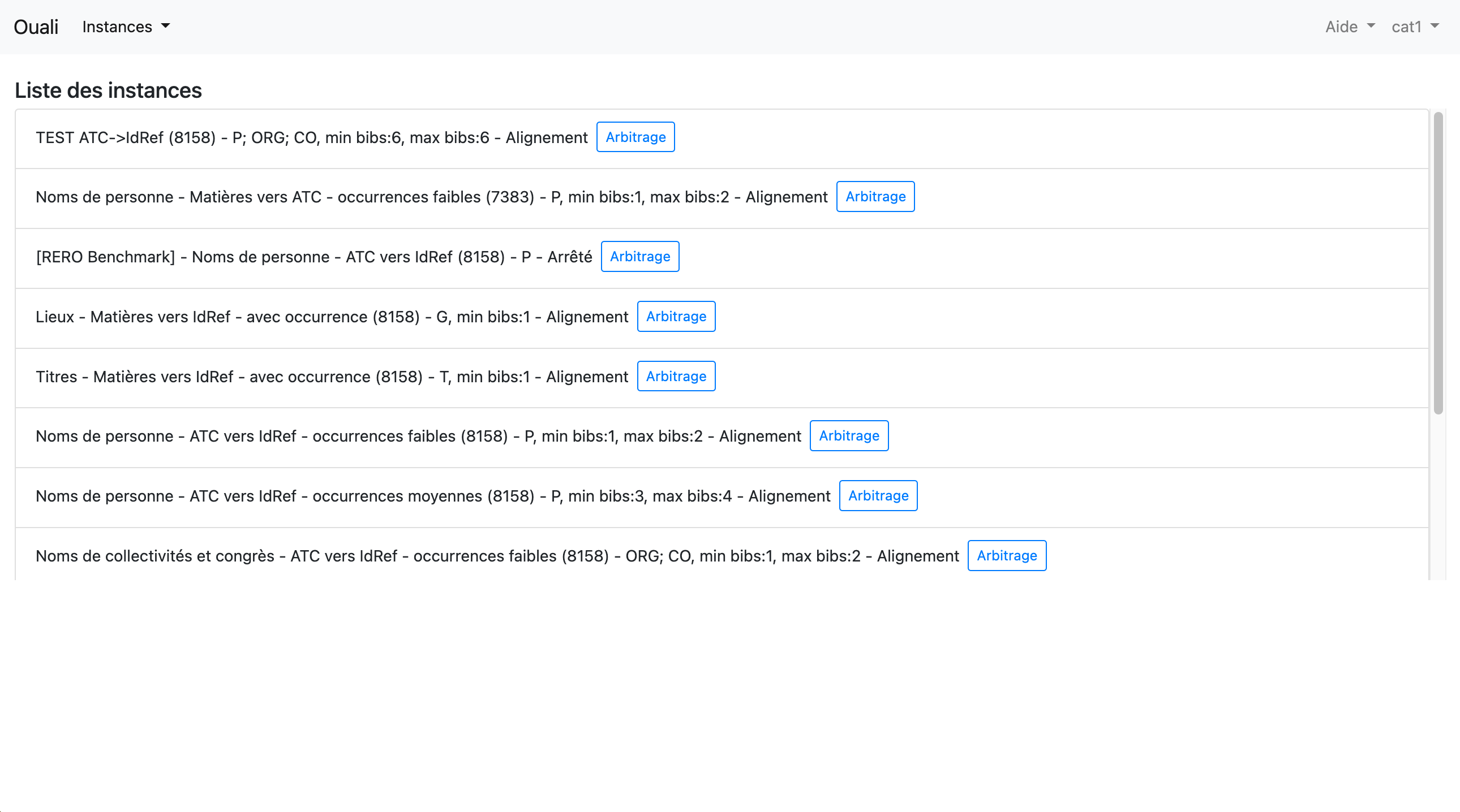 Liste des instances dans l'interface Ouali