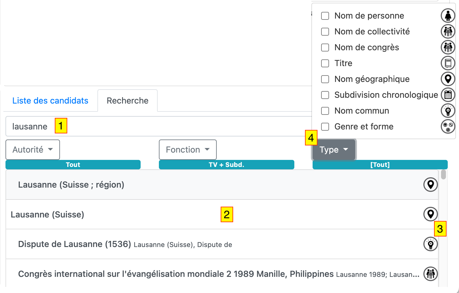 Interface de recherche dans le référentiel cible